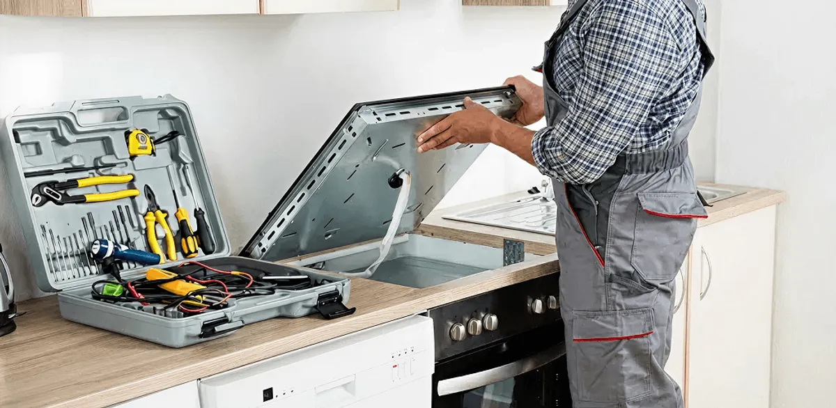 Handyman repairing a cooktop and checking wiring connections in Cleveland, OH