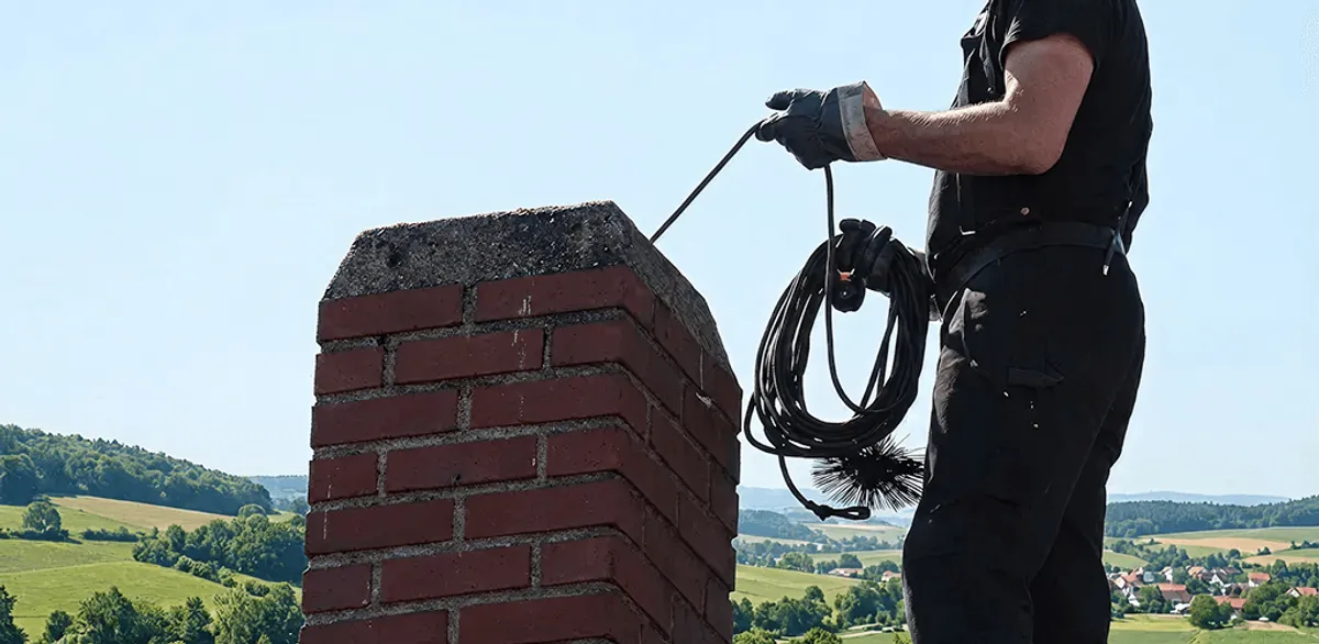 Chimney sweep inspecting and cleaning a rooftop chimney in Cleveland, OH
