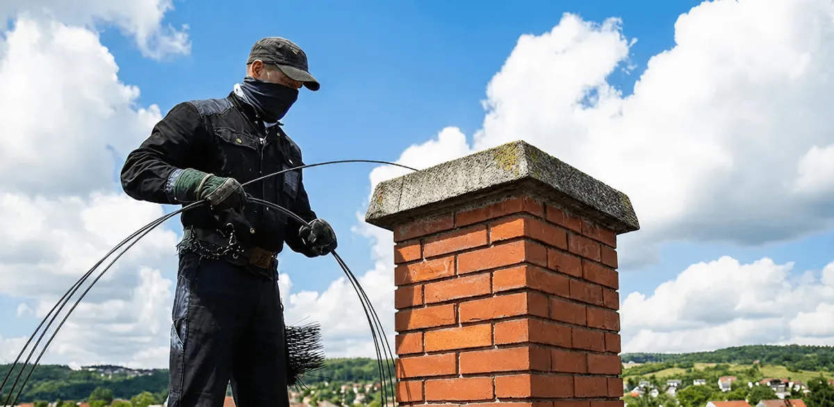 Chimney sweep cleaning a brick chimney with professional tools in Cleveland, OH