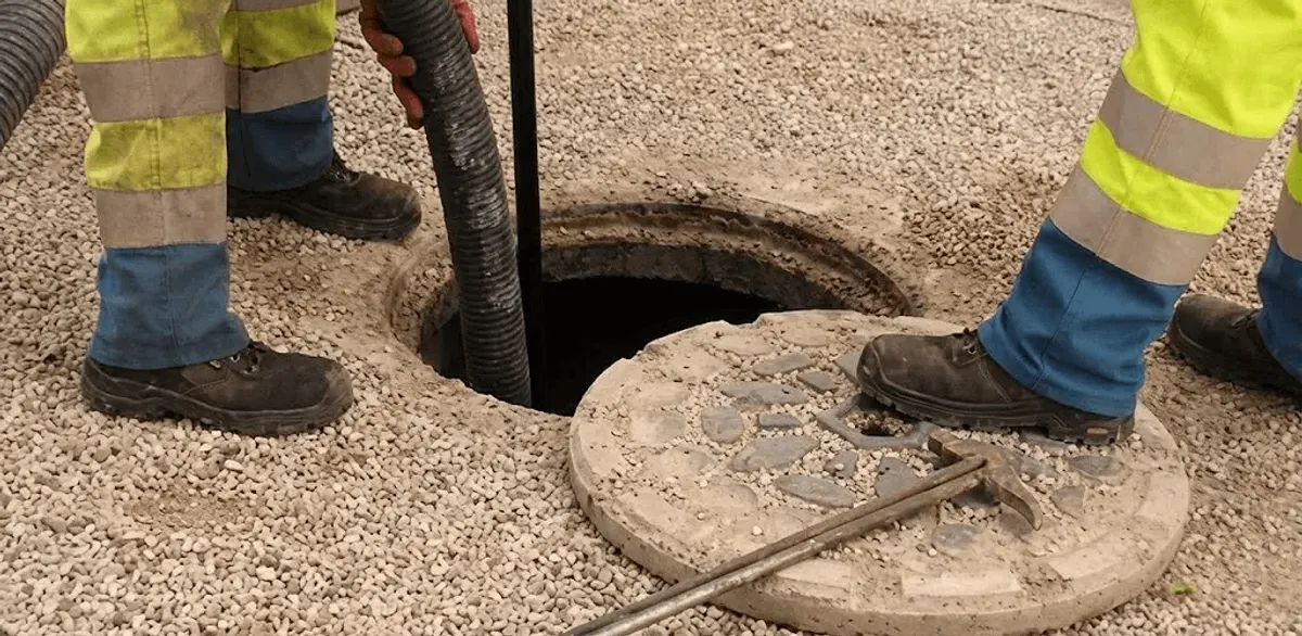 Drain cleaning crew clearing a sewer access point with professional equipment in Cleveland, OH